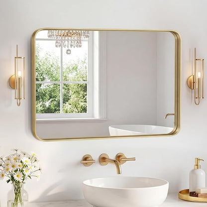 OLIXIS Bathroom Mirror for Over Sink, 24x32 Inch Wall Rounded Rectangle Mirror with Matte Metal Framed, Modern Wall Mount Vanity Mirror for Home Decor, Living Room, Bedroom, Gold