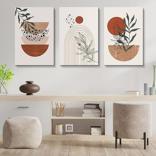 Boho Wall Art Prints，Boho Wall Decor, Mid Century Modern Wall Art，Set of 3 Prints, Abstract Geometric Prints Black Beige Terracotta Minimalist Art, Natural Framed Canvas Prints Artwork For Living Room