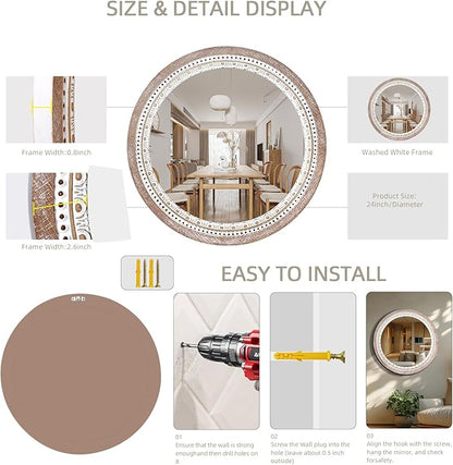 Reflinto 24 Inch Boho Wooden Round Mirror for Wall Decor, Rustic Farmhouse Circle Mirrors Decorative for Bathroom Over Sink, Living Room, Entryway, Hallway