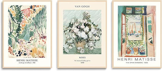 LYPHNX Sage Green Matisse Poster Wall Art Vintage Abstract Floral Prints Set of 3 Mid Century Aesthetic Flower Artwork Painting Picture Canva Decor for Living Room Bedroom Bathroom 12"x16" Unframed