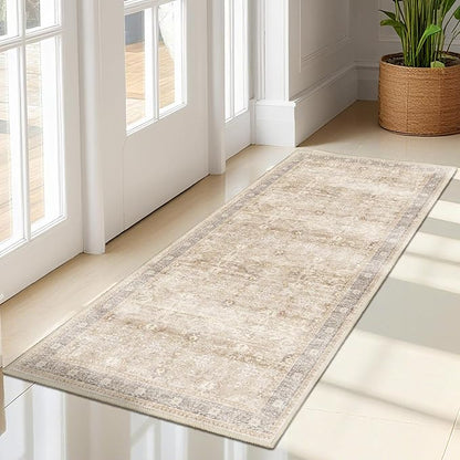 Vintage Neutral 2x5 Rug Runners for Hallways, Non Slip Machine Washable Kitchen Runner, Low Pile Lightweight Carpet Runner for Entryway/Bathroom/Corridor/Laundry Room, Earth Tone Beige Taupe