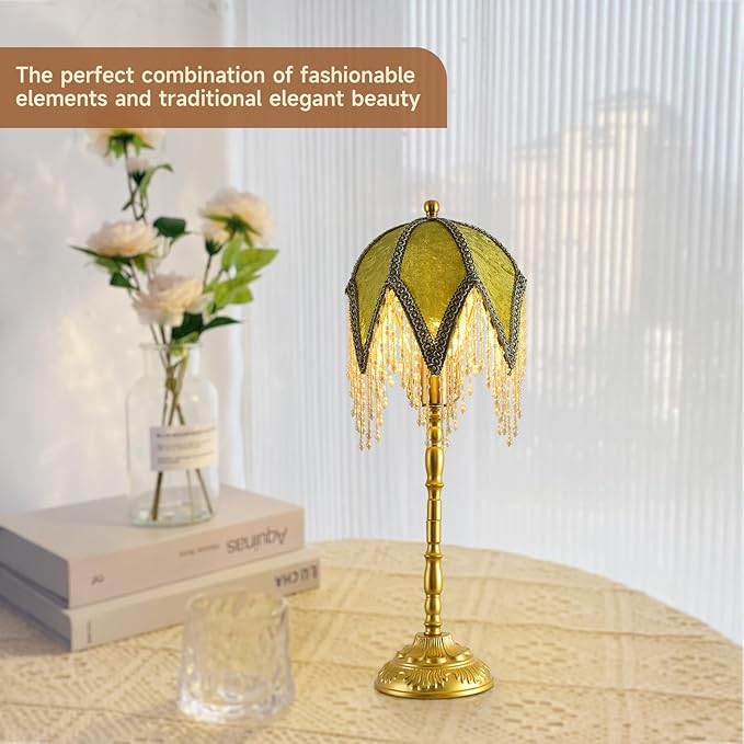 Vintage Tasselled Table Lamp with Beaded Shade, 3 Color Temperatures, Green and Gold, Victorian Style-C
