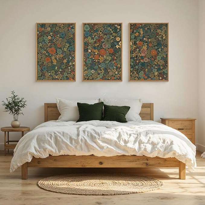 Vintage Floral Boho Framed Canvas Wall Art Set,Colorful Botanical Retro Blossom Flower Wall Decor,Modern Nature Calming Wildflowers Art Print for Living Room,Bedroom, Office-24 x36 x3