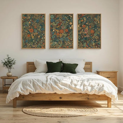 Vintage Floral Boho Framed Canvas Wall Art Set,Colorful Botanical Retro Blossom Flower Wall Decor,Modern Nature Calming Wildflowers Art Print for Living Room,Bedroom, Office-24 x36 x3