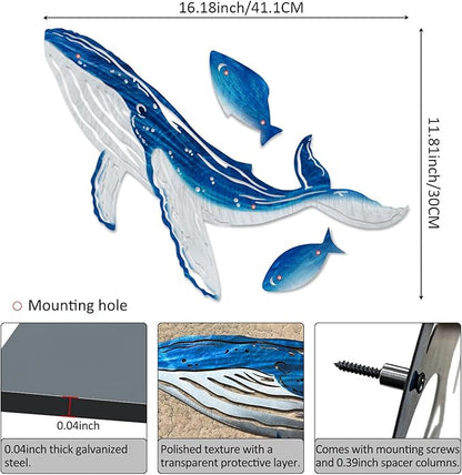 LiveInUrban Coastal Wall Art Whale Metal Wall Sculptures, Ocean Beach Themed Metal Hanging Home Decoration 3PCS 16.2"x12.1"