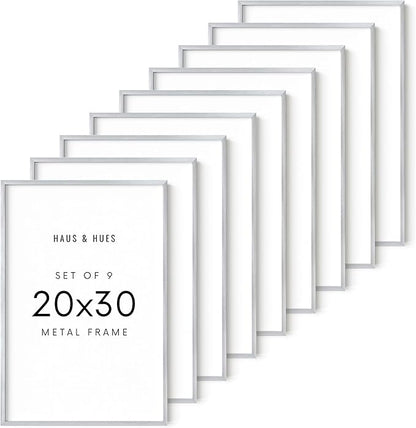HAUS AND HUES 20x30 Silver Metal Picture Frames - Premium Aluminum with Vertical & Horizontal Hanging, Shatterproof Plexiglass - Perfect for Home or Office (20x30 in, Silver, Set of 9)