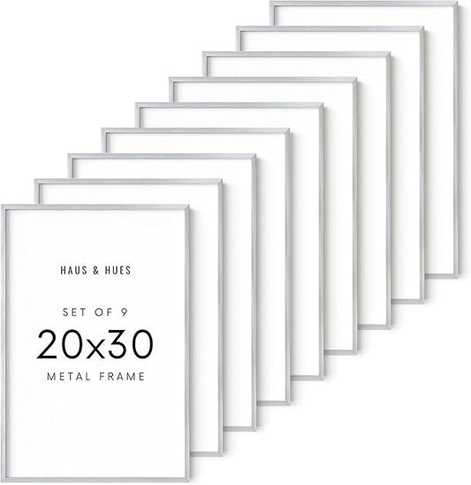 HAUS AND HUES 20x30 Silver Metal Picture Frames - Premium Aluminum with Vertical & Horizontal Hanging, Shatterproof Plexiglass - Perfect for Home or Office (20x30 in, Silver, Set of 9)