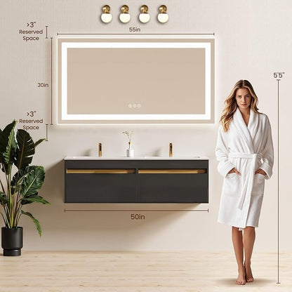 55X30 LED Bathroom Mirror with Lights, Anti-Fog, Backlit + Front Lit, Lighted Bathroom Vanity Mirror for Wall, Memory Function, Dimmable, Tempered Glass, Shatter-Proof