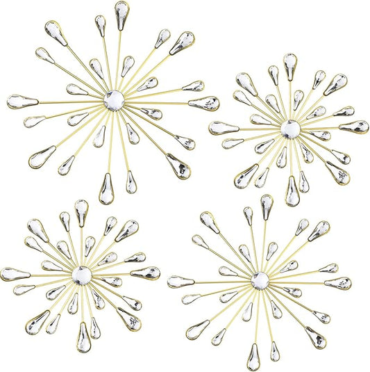 Hicarer 4 Pcs Starburst Wall Decor Bling Wall Art Crystal Teardrop 3D Hanging Rhinestone Radial Metal Artwork Modern Accent Sculptures Decorations for Living Room Home Office Bedroom(Gold)