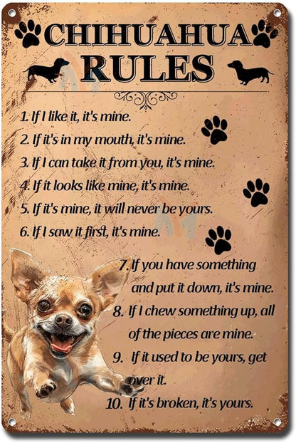 Metal Sign Tin Sign Vintage Wall Art Chihuahu Rules Metal Garden Signs for Pub 8×12 Inches