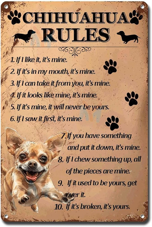 Metal Sign Tin Sign Vintage Wall Art Chihuahu Rules Metal Garden Signs for Pub 8×12 Inches