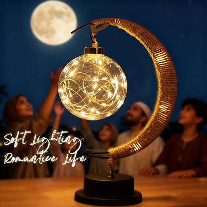 Moon Table Night Light with Hanging Star Ramadan Decorative Lamp Battery Operated Suitable for Home Bedroom Shop Dining Table Holiday Party Eid Festival Decoration (HEMPmoon-WW-Ball)