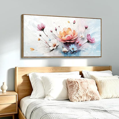Large Framed Modern Canvas Wall Art, Abstract Natural Plant Print, Pink, Orange And Blue Textured Floral Artwork, Natural Wood Frame, Plant-Themed Wall Decoration, Suitable For Living Room, Bedroom, Dining Room, Study, Office, 48X24 Inches.