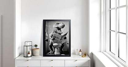 ARKZSHO Funny Dinosaur Bathroom Wall Art, Black and White T-Rex Reading Newspaper Canvas Print Poster, Humorous Animal Toilet Artwork, Modern Farmhouse Restroom Home Wall Decor (Framed 24''x16'')