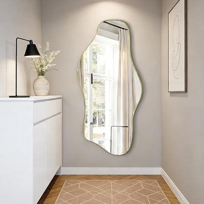 Irregular Wall Mirror, 47.2"x21.6" Gold Asymmetrical Frameless Mirror, Modern Organic Shaped Mirrors for Living Room Bedroom Hallway Entryway, Horizontal or Vertical Hanging