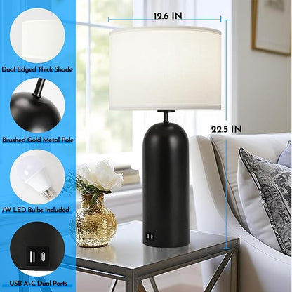 MoMyofdy 22-inch Tall Table Lamps - Set of 2 Black & White Touch Control 3-Way Dimmable Lamps with USB A+C Ports for Bedroom or Living Room