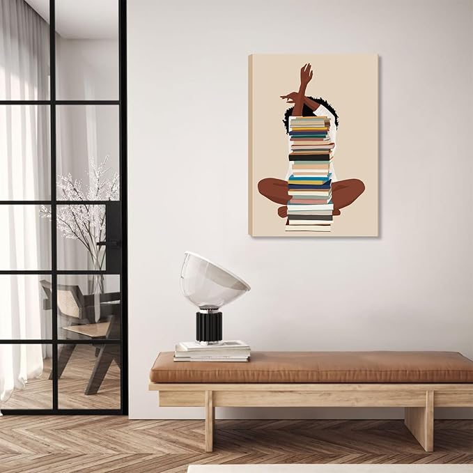 AKWISH Black Girl Canvas Wall Art - African American Wall Decor, Modern Black Woman with Book Art for Bedroom Living Room - Framed 16x24 inch