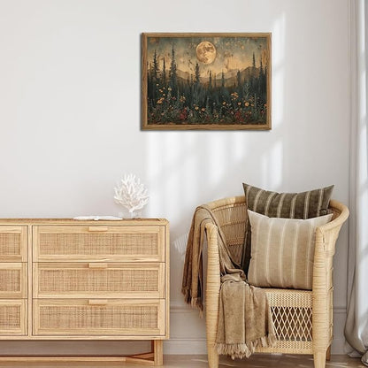Vintage Nature Forest Wall Art Dark Moon Landscape Painting Wall Decor Woodland Picture Artwork 3D Textured Hand Drawn Sandstone for Farmhouse Bedroom Living Room 16x24 inch Wood Framed