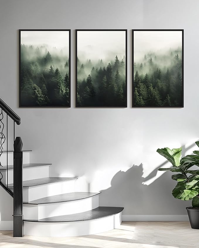 PHOPAGO Green Fog Pine Tree Framed Wall Art Huge 24x36in Nature Misty Nordic Forests Artwork Morden Paints for Living Room Bedroom Decor - Black Framed
