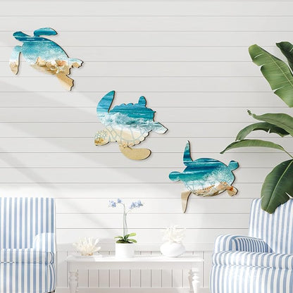 Tatuo 3 Pcs Summer Coastal Wall Decor Bathroom Beach Blue Wall Art Sea Turtle Surfboard Seahorse Starfish Seashell Conches Crabs Sea Life Decor for Bedroom Home (Fresh Turtle Style)