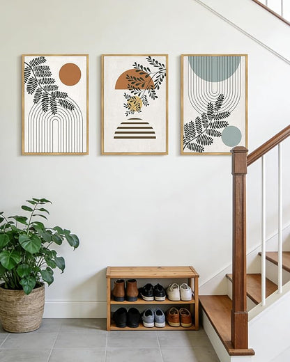PHOPAGO Summer Boho Wall Art Large 16x24in Botanical Modern Framed Wall Prints Abstract Neutral Geometric Prints Bohemain Plants Decor for Farmhouse Home Office - Natural Framed