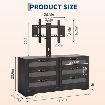 GarveeHome TV Stand with Mount for 32-85 Inch TVs - 47.2" Modern Entertainment Center with 6 Rattan Drawers, Media Console Table Storage for Living Room & Bedroom