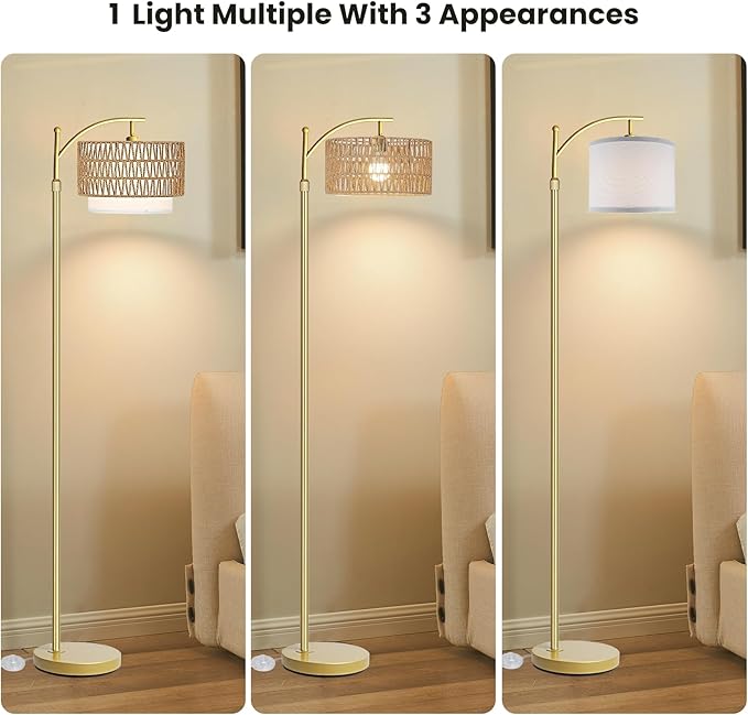 Yusist Arc Floor Lamp for Living Room,Gold Floor Lamps with Remote Control & Dimmable Bulb,Rattan Boho Tall Standing Lamp for Bedroom Office