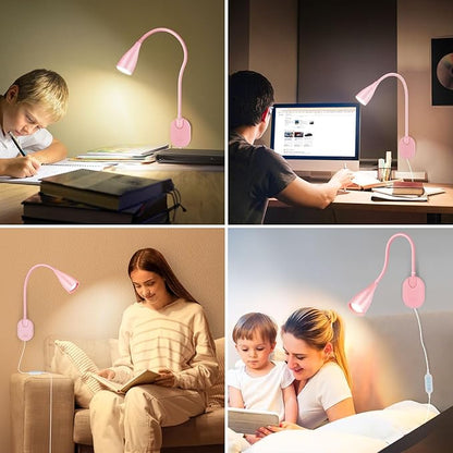 LiFMIRA Wall-Mounted LED Bedside Reading Light with USB Charging Port, 10-Level Dimmable & Adjustable 5 Color, Plug-in Adhesive Night Lamp for Books in Bed, Eye-Caring Bedroom Lighting (Pink)
