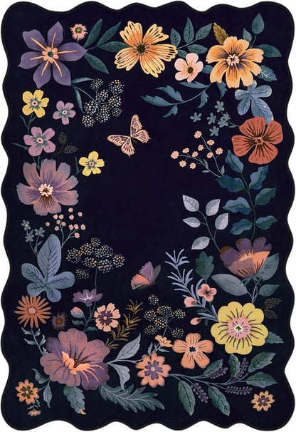 Lahome Floral Washable Rugs for Living Room, 5x7 Area Rugs Ultra-Thin Soft Rug, Non-Slip Bedroom Rug Stain Resistant Boho Low-Pile Throw Carpet for ‎Dining Room Office Flore (5x7ft,Purple)
