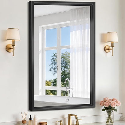 Black Framed Mirror 24"x40", Brushed Black Bathroom Mirrors for Over Sink, 0.6" Thickened Deep Frame Rectangle Mirrors for Wall, Shatterproof Tempered Glass, Antirust, Horizontally/Vertically