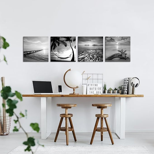 sechars - Black and White Beach Pictures Wall Art Sunrise on Sea Scenery Painting Giclee Canvas Print Stretched for Bathroom Room Living Room Office Wall Decoration