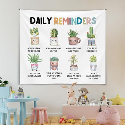 Daily Reminders Wall Tapestry, Cute Plant Mental Health Banner with Inspirational Quotes, Soft Flannel Tapestry Wall Hanging Decor for Bedroom Living Room,Kids Room Decoration 51x59 Inch (Colorful-Daily remingders)