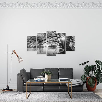 sechars - 5 Pieces Wall Art Old Tree by Lake Picture Canvas Prints Sunrise Painting Black and White Landscape Canvas Art Modern Wall Decoration Framed and Ready to Hang