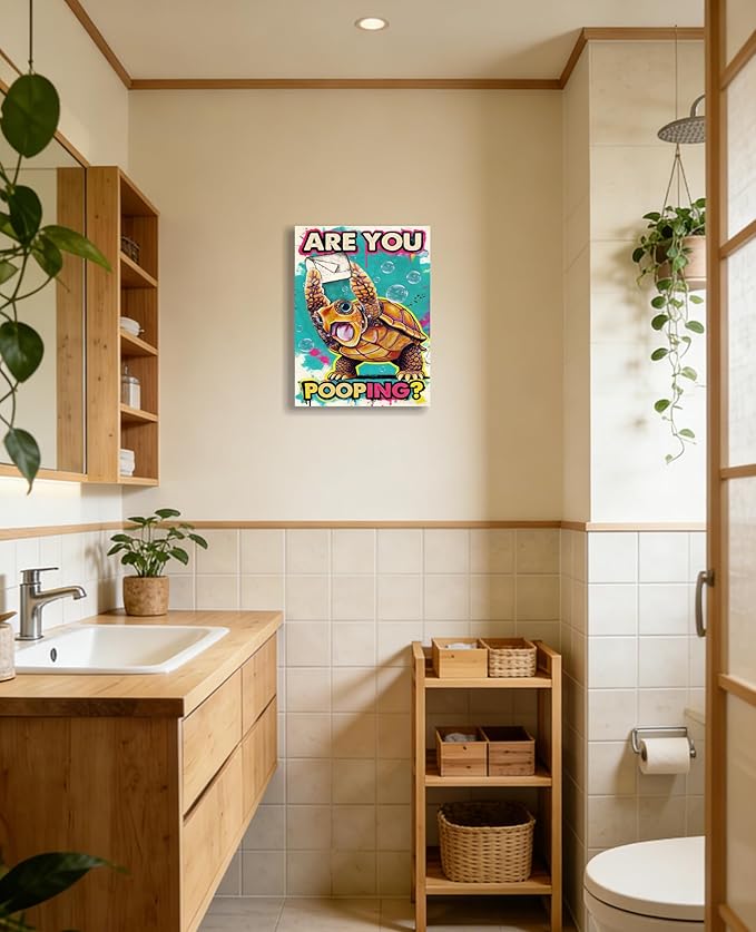 Funny Turtle Bathroom Wall Art Painting, Are You Pooping? Graffiti Humor Canvas Print, Teal Pop Art Bathroom Poster Decor, 12x16 Inch Framed Wall Picture for Bathroom Restroom Toilet Washroom
