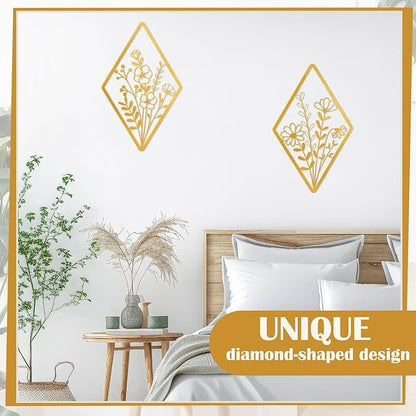 PullCrease 2 Pcs Metal Wall Art, Metal Flower Wall Decor, Modern Floral Art for Living Room, Bedroom, Bathroom, Rustic Farmhouse Decor, Sculpture Kitchen Decoration(Gold)