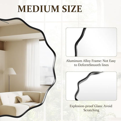 Round Wavy Mirror 42 Inch Bathroom Vanity Mirror Metal Frame Circle Wall Mounted Mirror for Bedroom Living Room Entryway Black