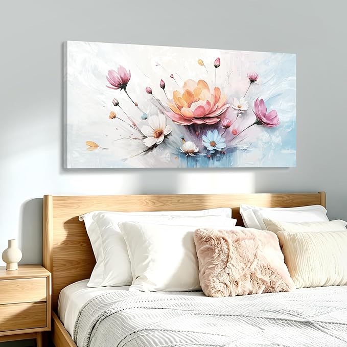 amatop Large Floral Wall Art — Orange, Blue, And Pink Flowers, Colorful Botanical Canvas Print, Modern Abstract Wall Decor For Living Room, Bedroom, Bathroom, Dining Room, And Kitchen. 48X24 Inches.