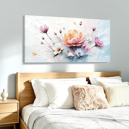 amatop Large Floral Wall Art — Orange, Blue, And Pink Flowers, Colorful Botanical Canvas Print, Modern Abstract Wall Decor For Living Room, Bedroom, Bathroom, Dining Room, And Kitchen. 48X24 Inches.