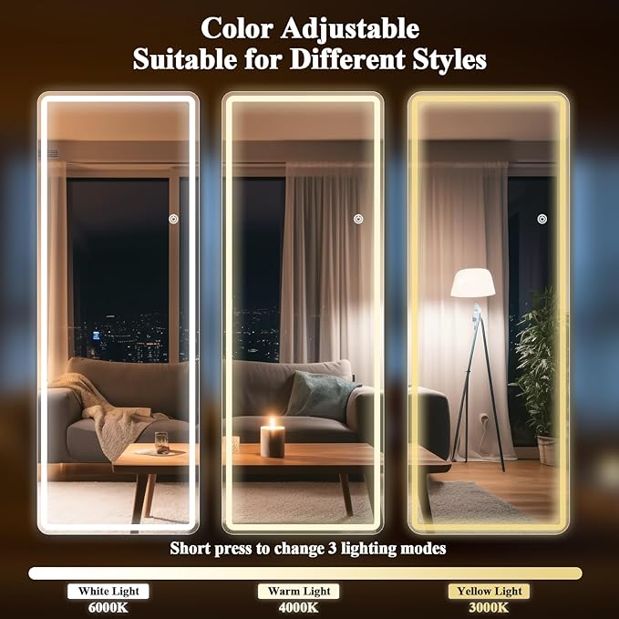 LED Mirror Full Length - 71" x 26" Large Round Corners Floor Full Body Mirror with 3 Color Lights Brightness Adjustable, Standing Leaning for Bedroom, Dressing Room, Cloakroom, White
