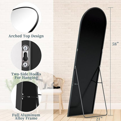 Full Length Mirror, 58"x21" Arched Full Body Mirror, Large Stand Up Aluminum Frame Floor Freestanding Hanging Leaning Mounted for Bedroom Living Room Entryway Black