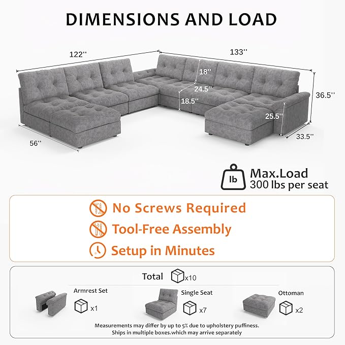 Oversized Modular Sectional Sofa with Storage, Modern Deep Seat Cloud Couch for Living Room, L-Shaped Large Sectional Couch, 7 Seater with 2 Ottomans, Gray