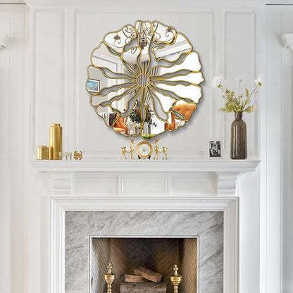Gold Wall Mirrors Decorative, 32” Large Round Mirrors for Wall Decor, Flower Shaped Decorative Wall Mirror for Living Room, Bedroom, Dining Room