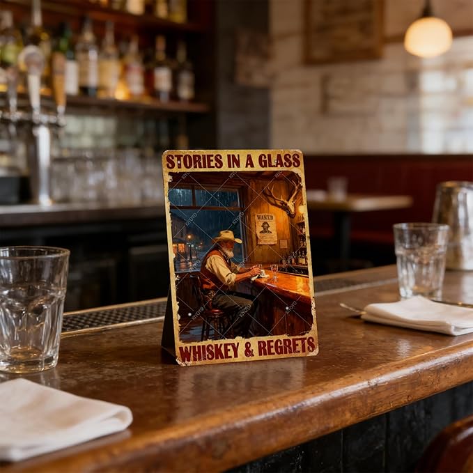 Western Cowboy Metal Tin Sign Rustic Wall Decor Vintage Stories In A Glass Retro Art Iron Painting for Home Bar Man cave 16x12 Inch
