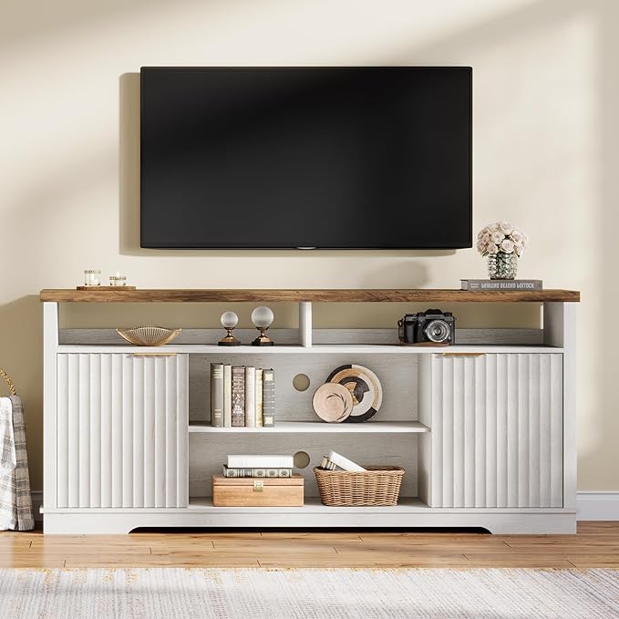Modern TV Stand for TVs Up to 65 Inch, Fluted Entertainment Center with Storage Cabinet, TV Media Console Table with Adjustable Shelves for Living Room Bedroom, Brown + White