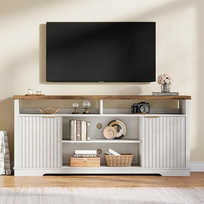 Modern TV Stand for TVs Up to 65 Inch, Fluted Entertainment Center with Storage Cabinet, TV Media Console Table with Adjustable Shelves for Living Room Bedroom, Brown + White