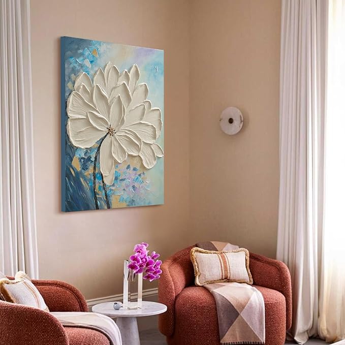 JUHOME Abstract Floral Wall Art – 24x36 Original Hand-Painted White Textured Flower Oil Painting, Modern Vertical Canvas Wall Decor Minimalist Canvas Wall Art for Living Room Bedroom Office