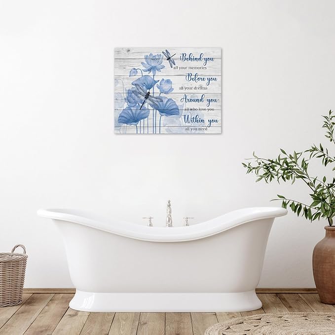 LB Inspirational Dragonfly Wall Art Vintage Farmhouse Blue Floral Canvas Wall Art Rustic Wood Wall Decor for Bedroom Bathroom Living Room Framed Artwork Ready to Hang 16L x 20W