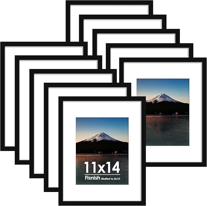 11x14 Picture Frame Sef of 10, Display Pictures 8x10 with Mat or 11 x 14 Without Mat, Photo Frame Collage for Wall Gallery Decor, Hanging or Tabletop Display, Black