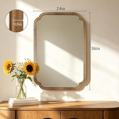 HOMECOOKIN Wood Bathroom Mirror for Wall Decor Arched Rounded Corner Rustic Wood Frame Wall Mirror Home Decorative for Vanity, Living Room, Bedroom, Entryway (24 x 36 inch, Honey A)