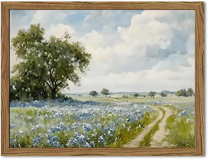 Framed Vintage Canvas Wall Art, Country Landscape Wildflower Field Wall Decor Paintings, Rustic Nature Pictures Prints Home Decor for Living Room Bedroom Bathroom Farmhouse 16x24 inch